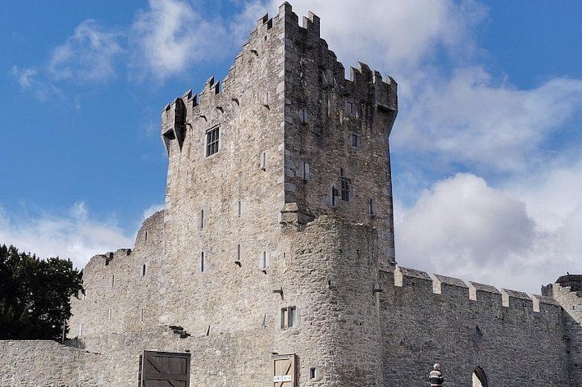 Un castillo de piedra medieval con una torre destacada, almenas y cielo despejado. 1