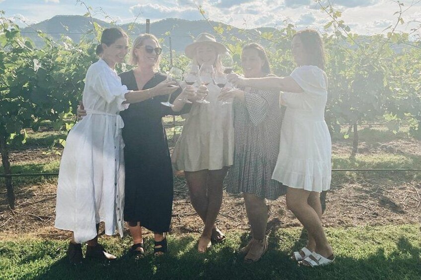 A group of people toasting with wine glasses in a vineyard. 3