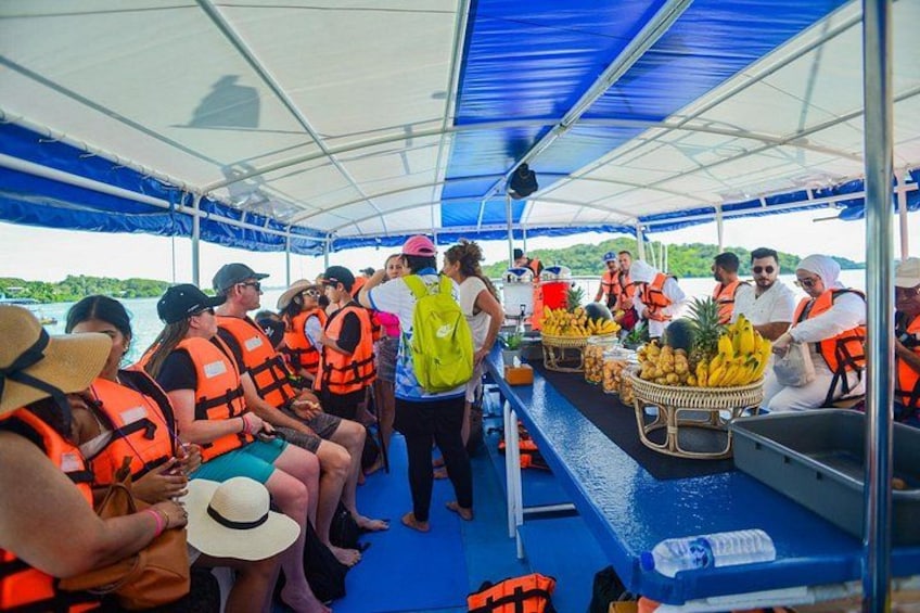 People on a boat, wearing life jackets, under a blue canopy. 2