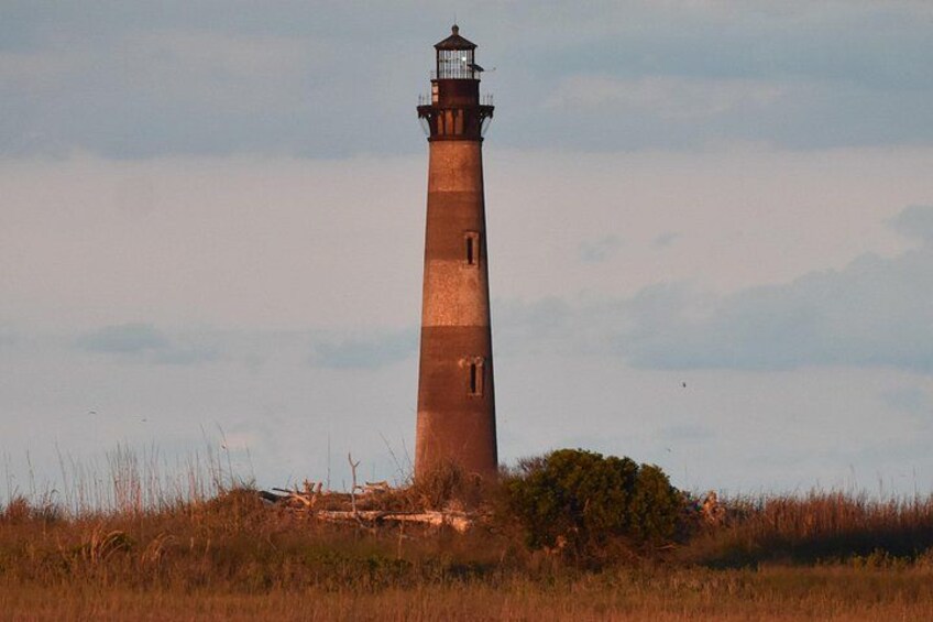 A tall, narrow lighthouse with a weathered brick exterior, surrounded by tall grasses and a small bush. 3