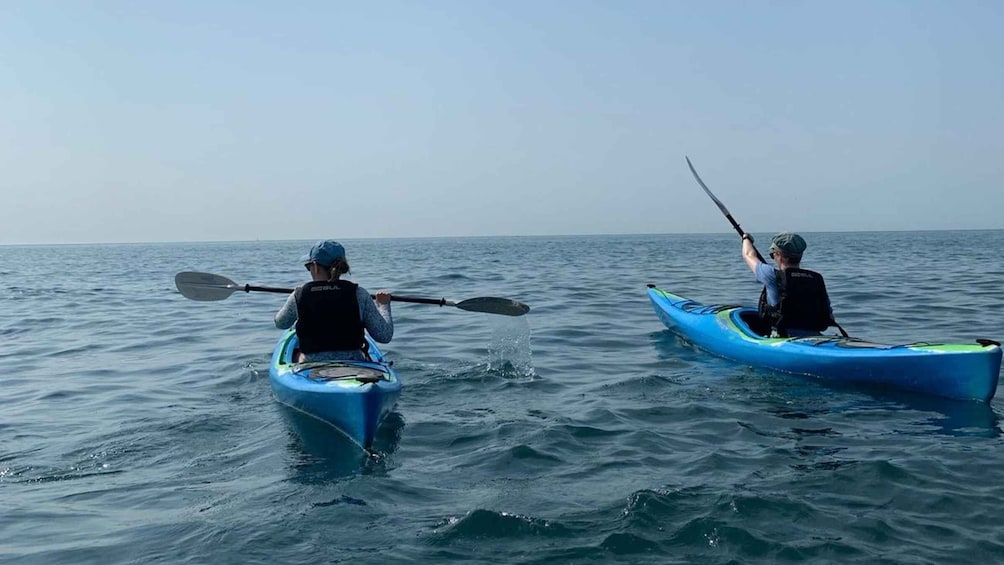 Two people kayaking on a calm sea. 1