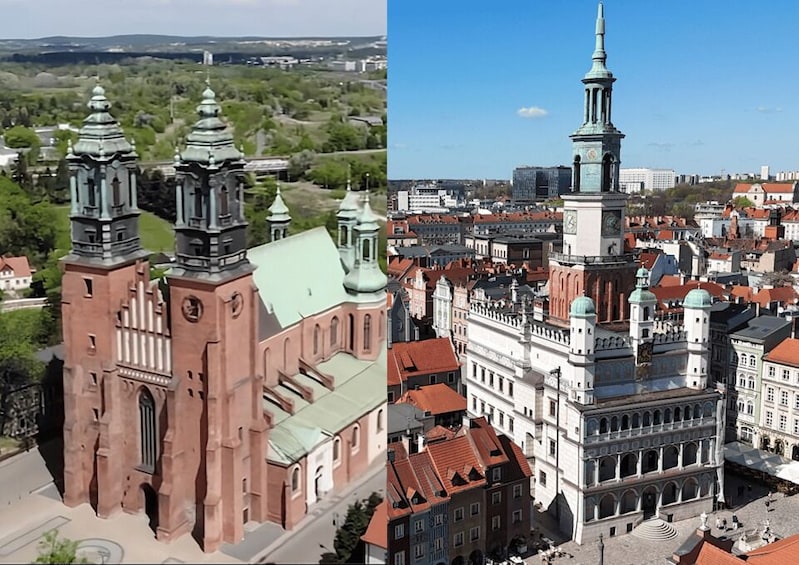 A red brick church with multiple spires and a green roof, surrounded by greenery and a distant cityscape. 1