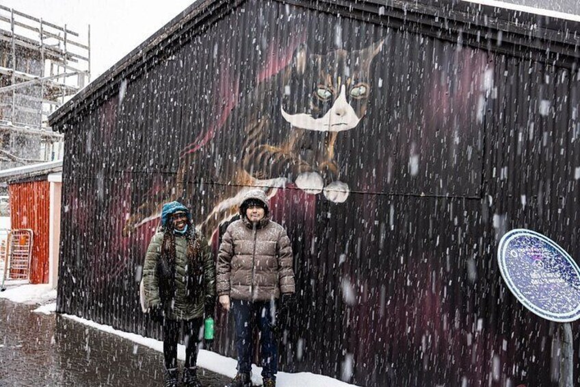 A mural of a cat on a building with snow falling. 4