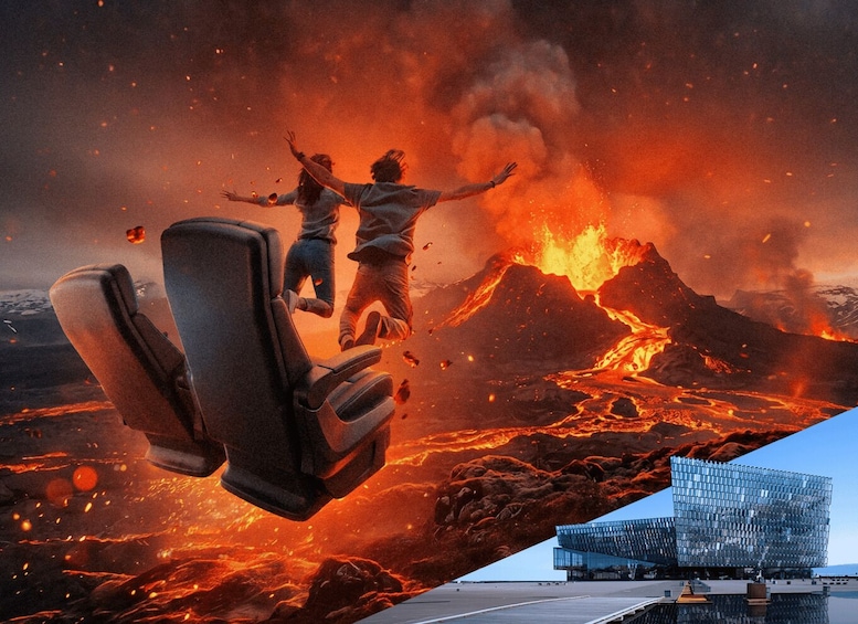 A chair flying over a volcanic landscape with lava flows and a modern glass building. 1