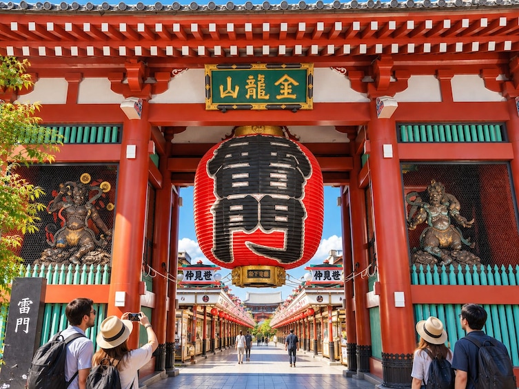 A traditional Chinese gate with red pillars, a large red lantern, and statues of deities. 1