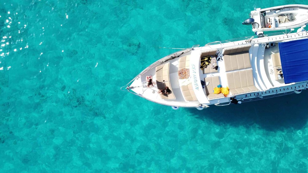 A boat with a blue canopy and beige seating, floating on clear turquoise water. 1
