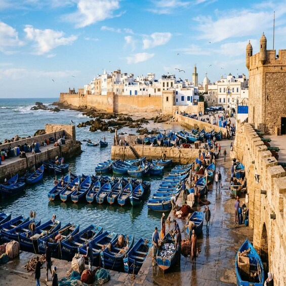 A coastal town with a fortified wall, numerous small boats docked along the shore, and a clear view of the sea. 2