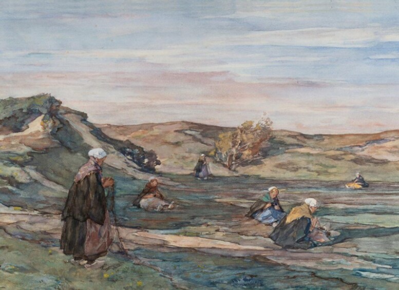 A river scene with people fishing and walking along the shore. 5