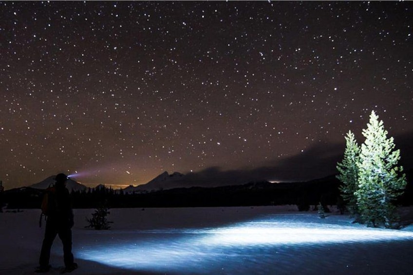 A person standing in a snowy landscape under a starry night sky. 4