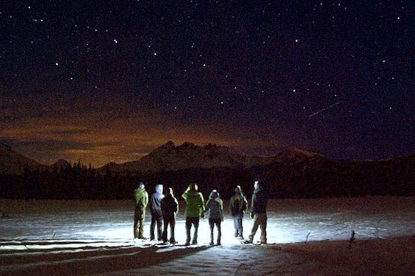 A group of people standing on a snow-covered ground under a starry night sky. 5