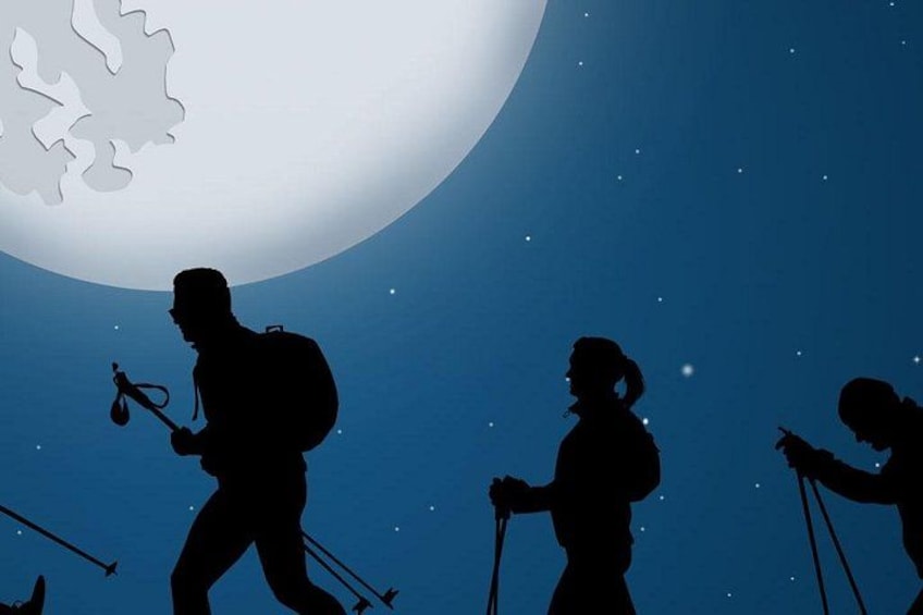 Silhouettes of people hiking under a large moon. 2