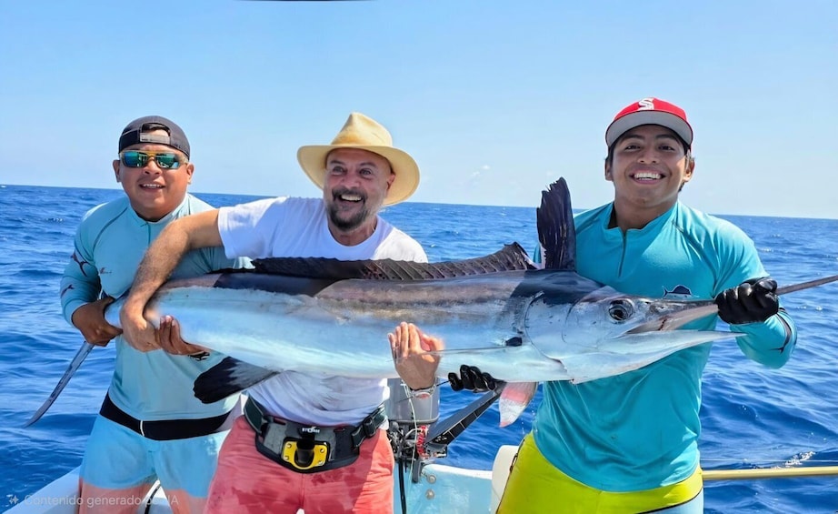 Three people on a boat holding a large fish. 1