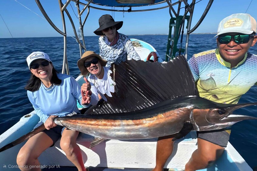 A group of people on a boat holding a large fish. 4