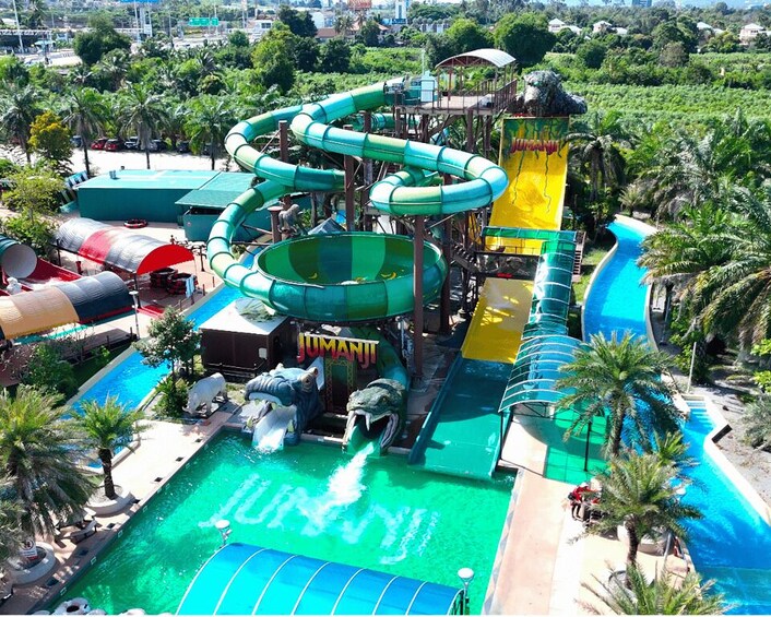 A water park with multiple slides and a pool area. 2
