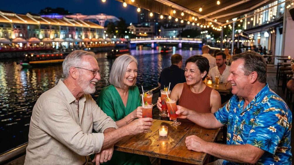 A group of people toasting with drinks at a waterfront restaurant with a view of a bridge and boats. 1