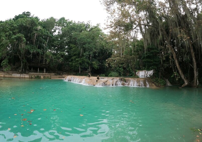A turquoise pool with a waterfall and dense greenery. 4