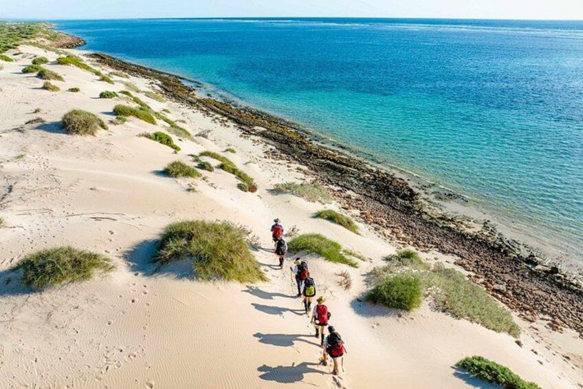 A group of people hiking along a coastal path with sand dunes and a beach. 2