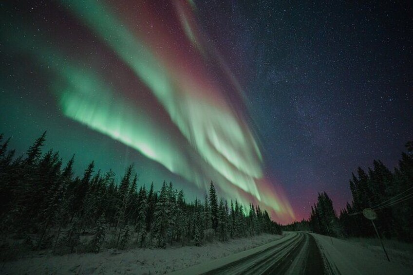 A snowy road with trees and the aurora borealis. 3