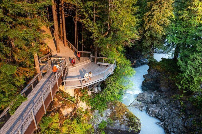 A wooden bridge over a river, surrounded by dense forest. 4