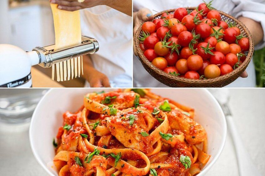 A pasta machine, cherry tomatoes, and a bowl of pasta with tomato sauce. 1
