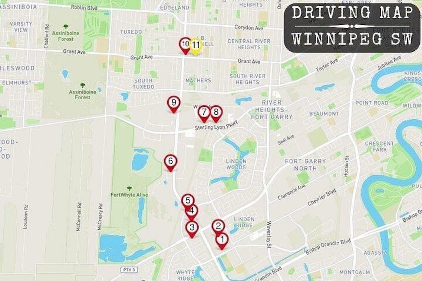 A driving map of Winnipeg, highlighting key locations and roads. 3
