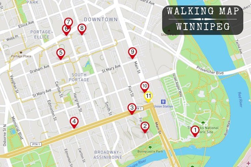 A walking map of Winnipeg with numbered points of interest. 2