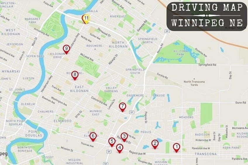 A driving map of Winnipeg with numbered locations. 4
