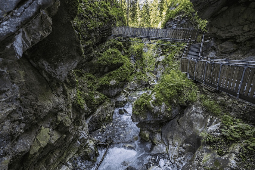 A wooden bridge over a rocky stream with moss-covered rocks and trees in the background. 4