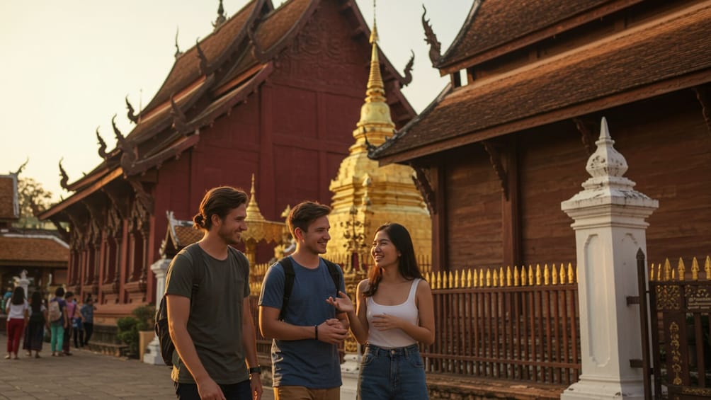 A group of people standing in front of a traditional temple with ornate architecture. 1