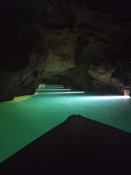 A cave with a green-lit pathway. 5