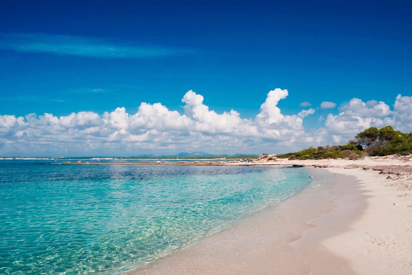 A beach with clear turquoise water, white sand, and scattered clouds. 5