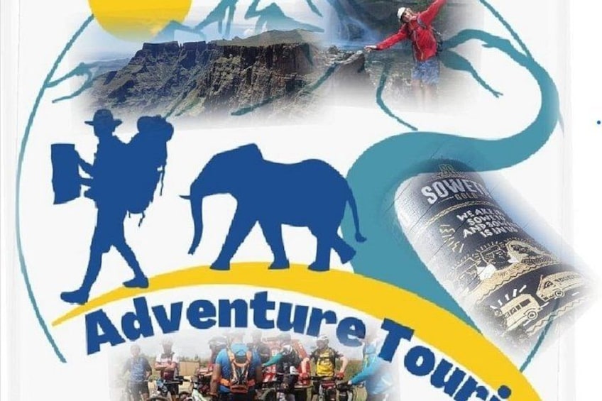 A logo with silhouettes of a hiker and an elephant, a person climbing a mountain, and a group of people on a motorcycle. 2