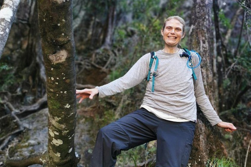 A person hiking in a forest with trees and a backpack. 4