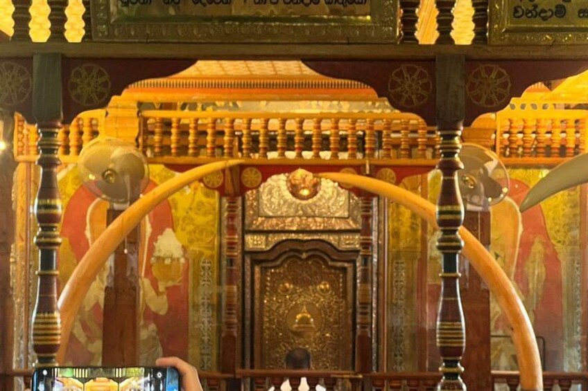 An ornate room with a central door, decorative columns, and intricate wall patterns. 2