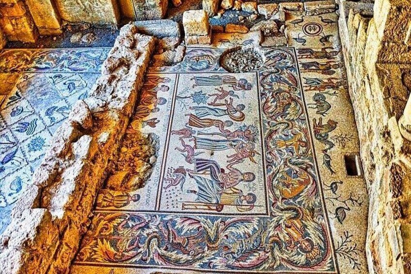 A mosaic floor with intricate patterns and figures. 3