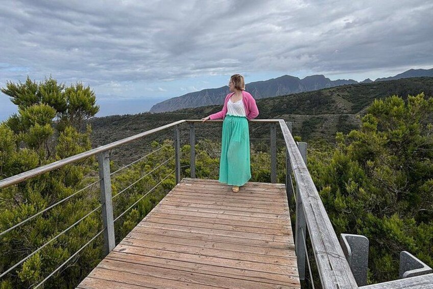 A wooden boardwalk with metal railings, surrounded by greenery and mountains in the background. 5