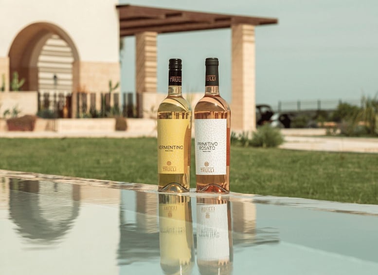 Two bottles of wine on a reflective surface with a building and greenery in the background. 5
