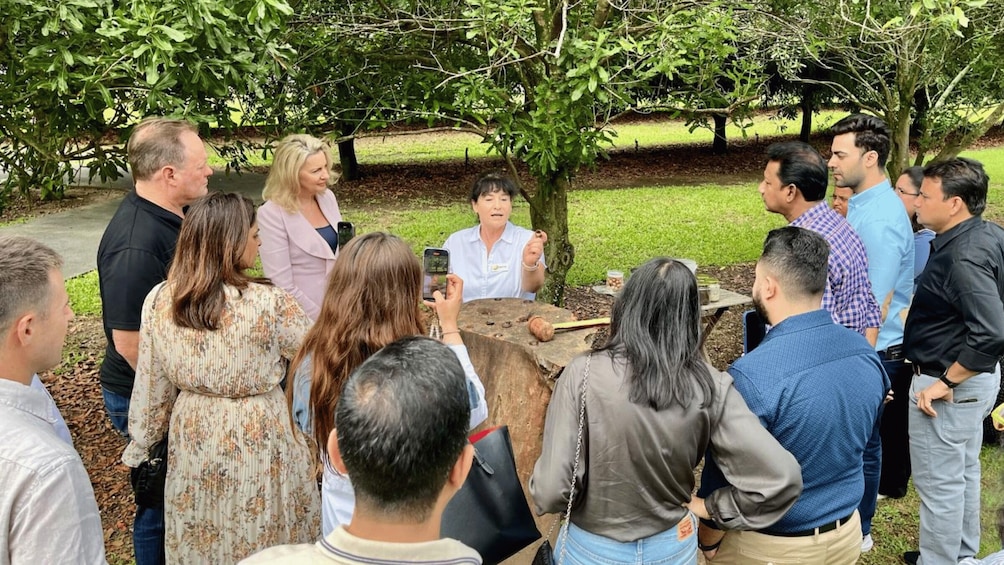 A group of people gathered around a wooden table outdoors, with trees and grass in the background. 3