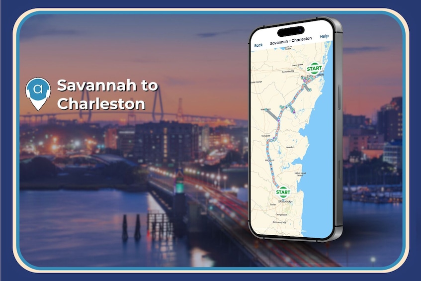 Een smartphone toont een kaart met een route van Savannah naar Charleston, gemarkeerd met een groen START-icoon en een routepad. 4