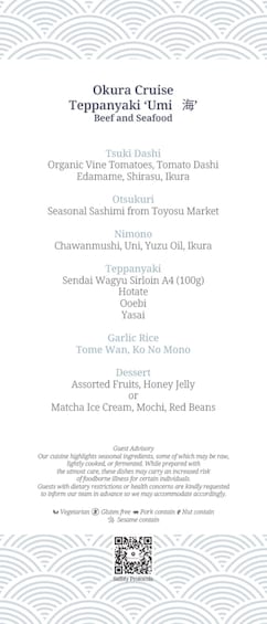 A menu for Okura Cruise Teppanyaki Umi Beef and Seafood. 3