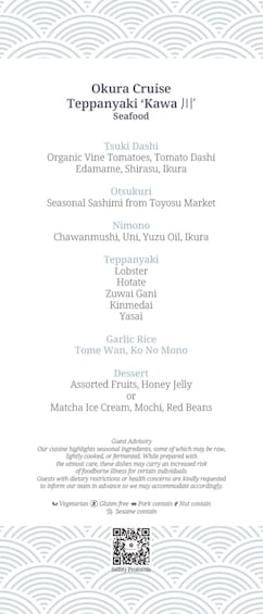 A menu for Okura Cruise Tepanyaki Kawa Seafood. 4