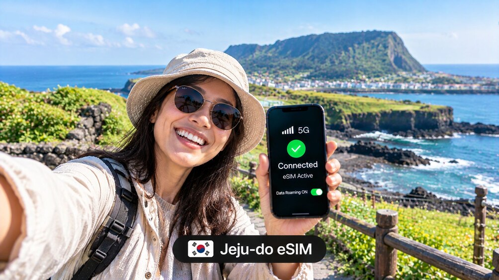 A person taking a selfie with a smartphone displaying a 5G connection and eSIM status. 1