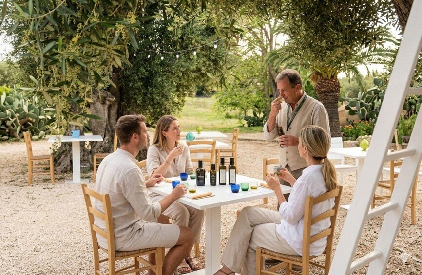 A group of people seated at a table outdoors, engaged in conversation, with bottles and glasses on the table, surrounded by greenery. 1