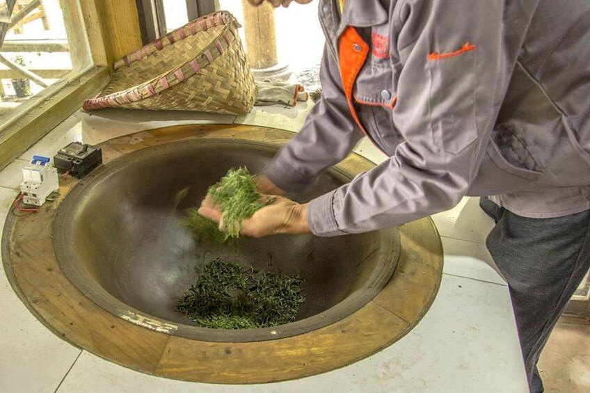 A person handling leafy greens in a large, round, metallic container. 3