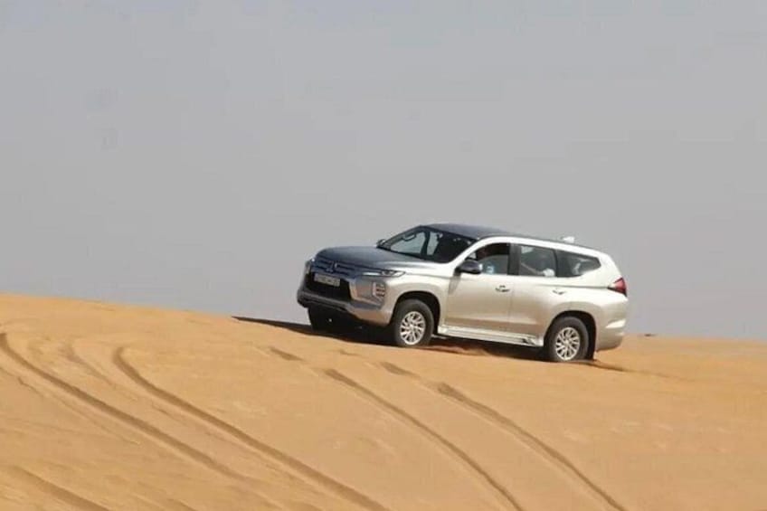 A silver SUV on a sandy dune. 5