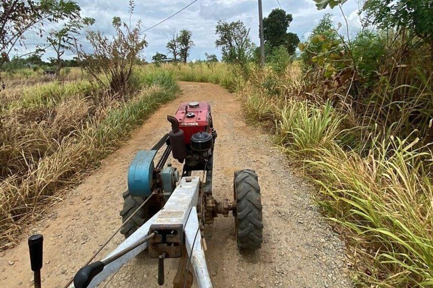 A red tractor on a dirt path with grass on either side. 5