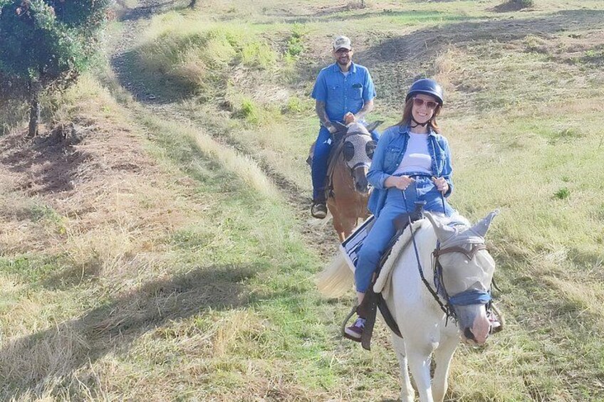 Two people riding horses on a grassy path. 2