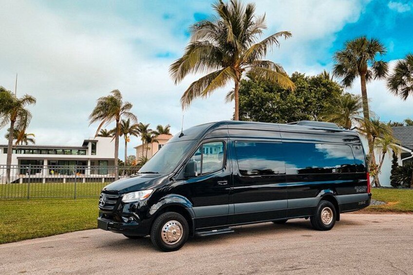 A black van parked on a paved area with palm trees and a building in the background. 3