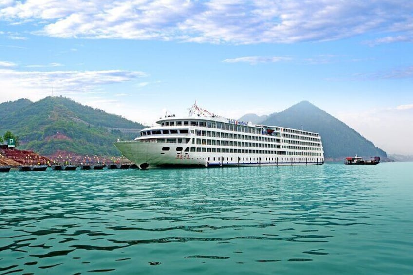A large cruise ship docked at a port with mountains in the background. 3