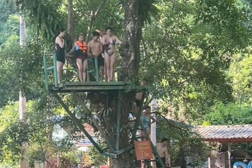 A group of people on a treehouse platform surrounded by lush greenery. 5